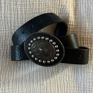 Black leather belt with large buckle